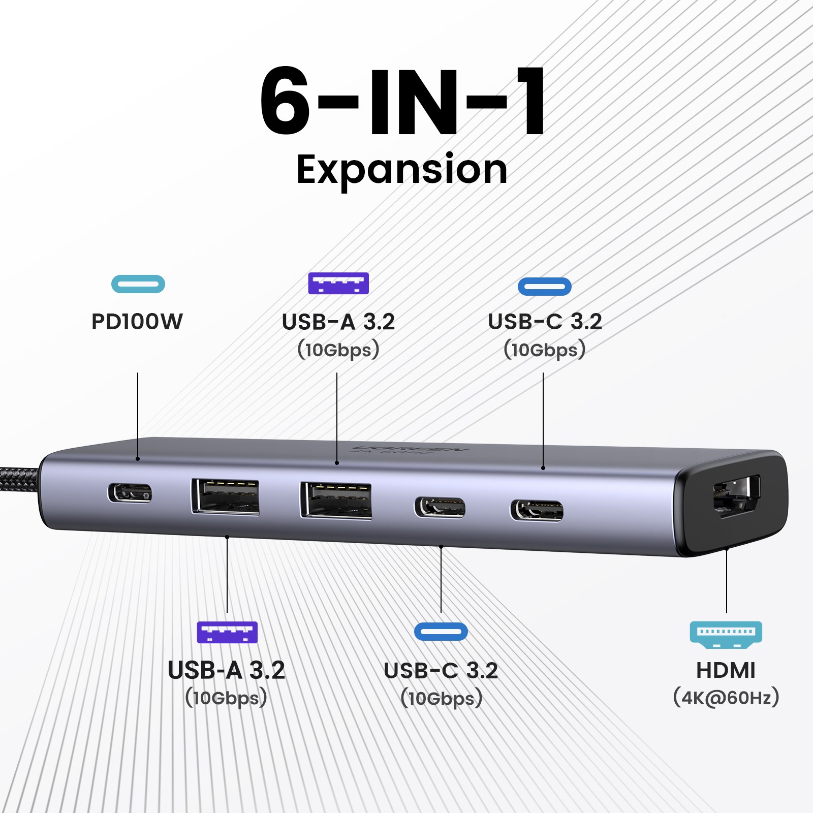 Hub USB-C 6 en 1: 10Gbps, 4K@60Hz, PD 100W