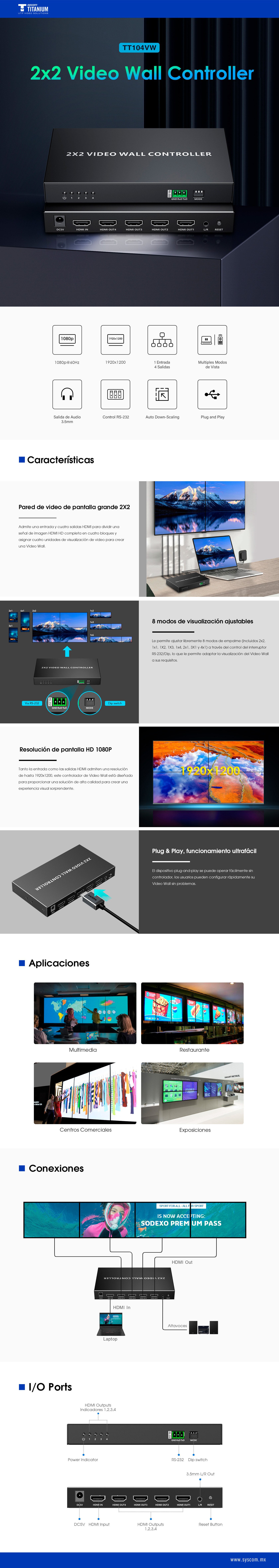 Controlador de VideoWall 2x2 TT104VW