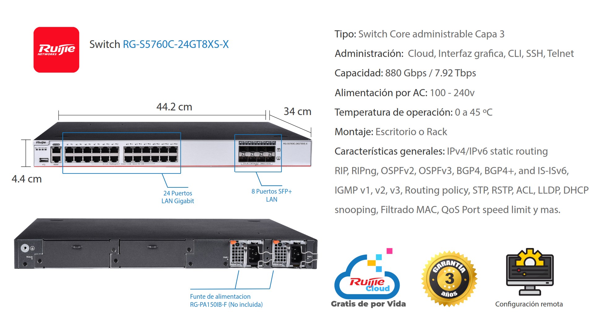 Switch Core Administrable Capa 3 RUIJIE RGS5760C24GT8XSX