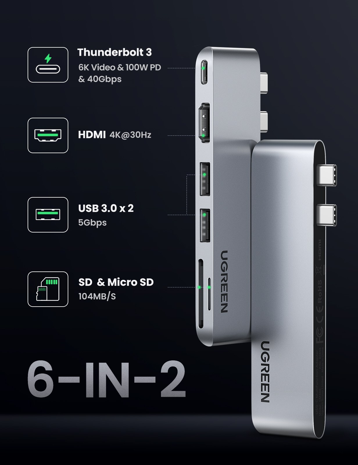 Hub USB-C 6 en 1 de Aluminio
