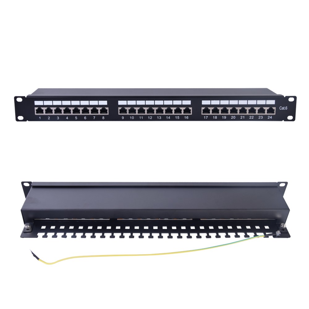 Panel de parcheo de impacto Blindado (STP) de 24 puertos Cat6, 19in