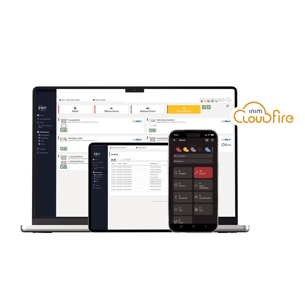 Inim Cloud Fire — supervisión web y app móvil con contadores de gas, alarmas, fallas y bypass
