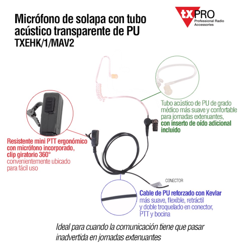 Micrófono - audífono de solapa con tubo acústico transparente