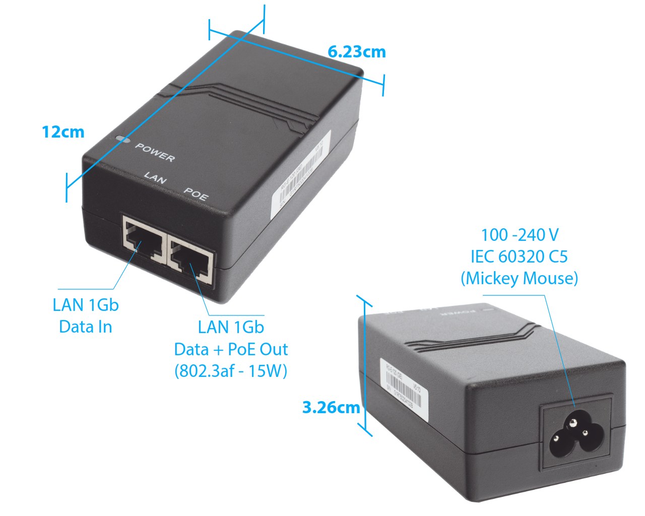 Inyector PoE estándar 802.3af Gigabit (50 V - 0.3 A - 15 W) RUIJIE RGE120(GE)